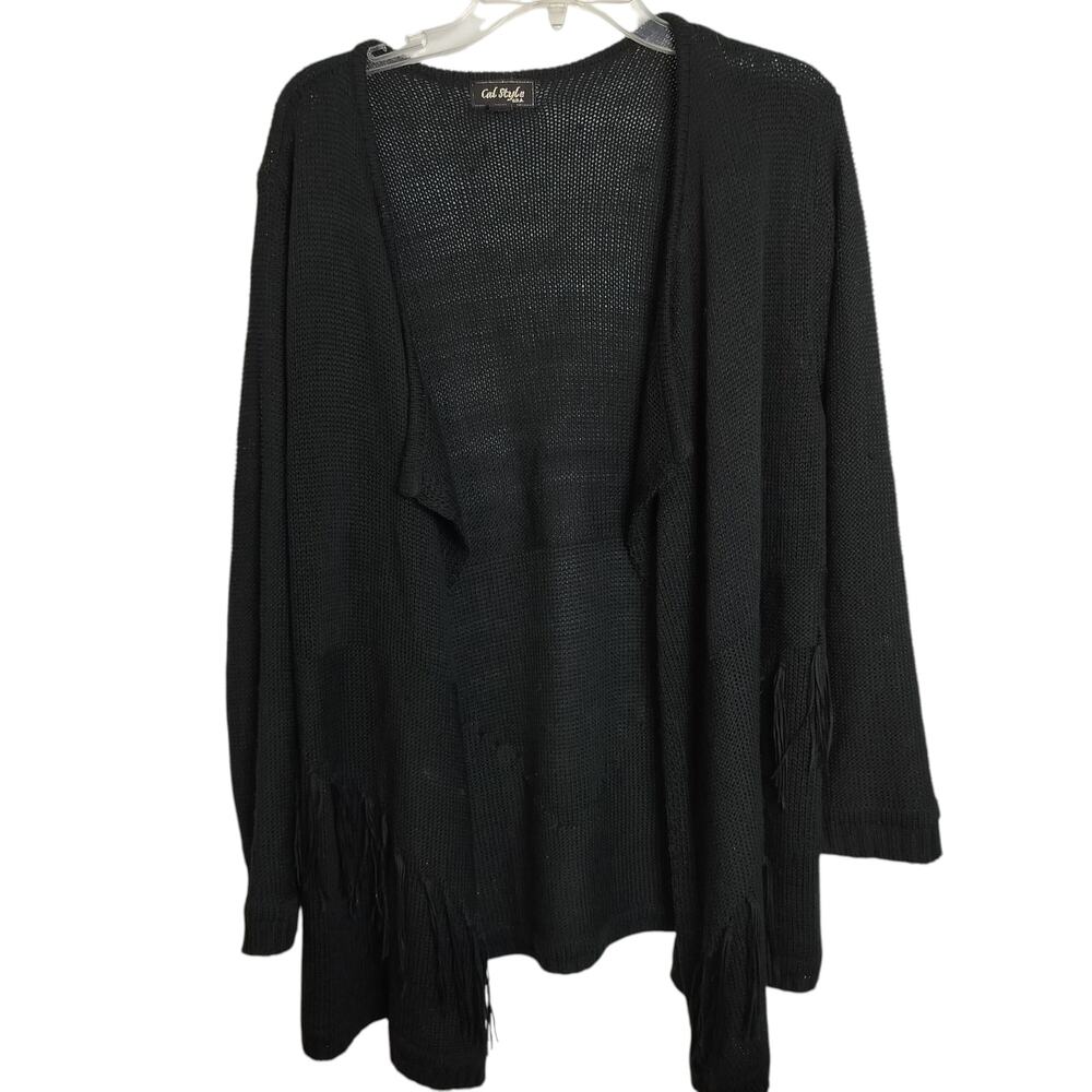 4360) Cal Style Black Open Front Long Sleeve Knitted Fringe Cardigan Large